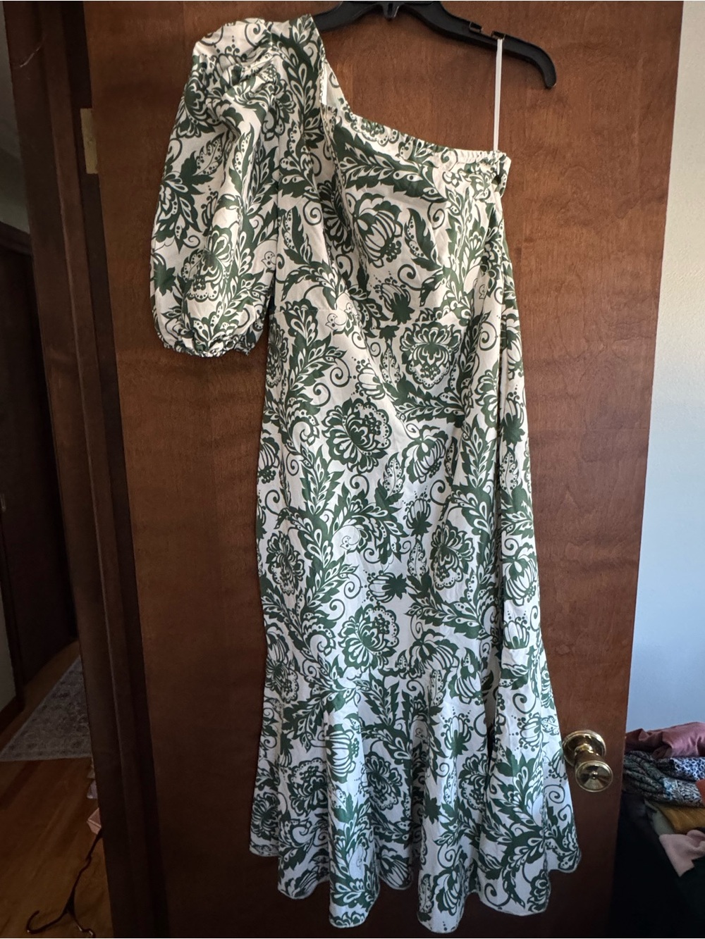 SHEIN Green and White One-Shoulder Floral Midi Dress